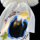 双纱美式复古涂鸦猫咪情侣短袖t恤男女宽松慵懒T恤102B-T7859P30，男装T恤，星座102B