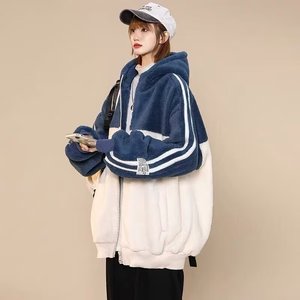 秋25羊羔绒街头潮流条纹拼接撞色连帽男女卫衣外套102B-W8136P65图片