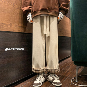 加绒灯芯绒格子翻边阔腿裤韩版宽松直筒休闲裤102B-K053P48加绒55图片