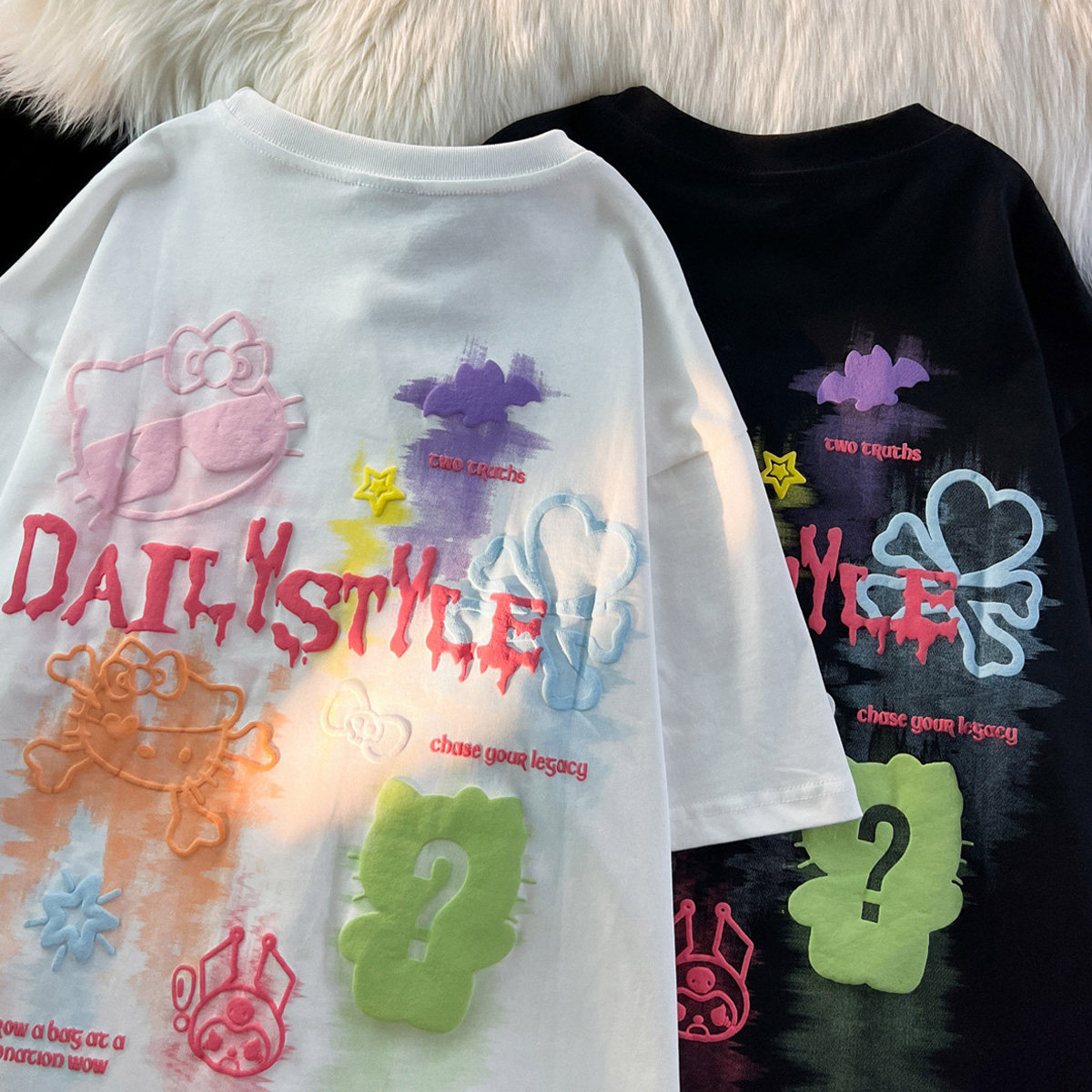 重磅纯棉小领口短袖T恤男夏季潮牌创意发泡印花宽松情侣半袖体恤图片