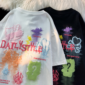 重磅纯棉小领口短袖T恤男夏季潮牌创意发泡印花宽松情侣半袖体恤图片