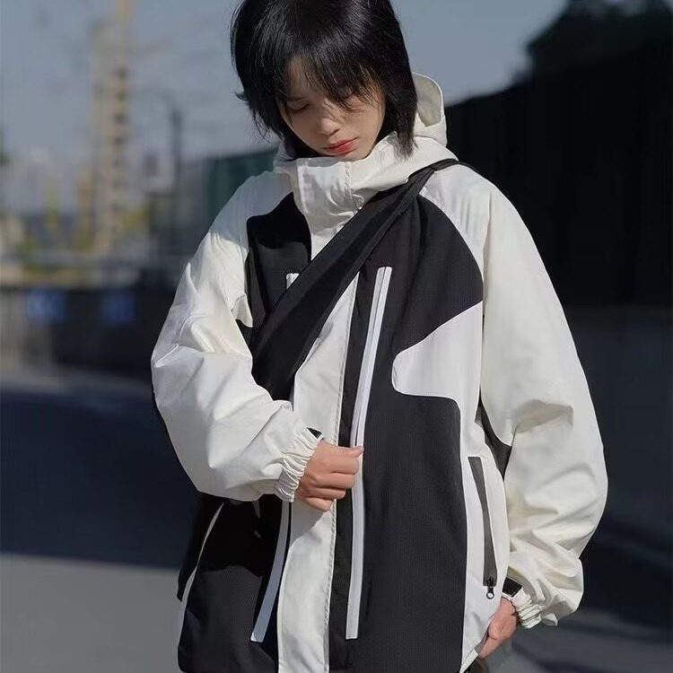 秋25小牛津拼接连帽冲锋衣夹克撞色设计感男女上衣102B-JK8709P95,男装夹克,星座102B