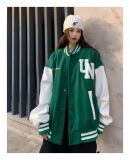 绿色棒球服男女街头PU袖子拼接夹克字母刺绣毛呢外套102B-W172P78，女装短外套，星座102B