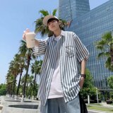 衬衫男日系宽松夏季薄款短袖衬衣设计感休闲条纹102B-C8607P35，男装衬衫，星座102B
