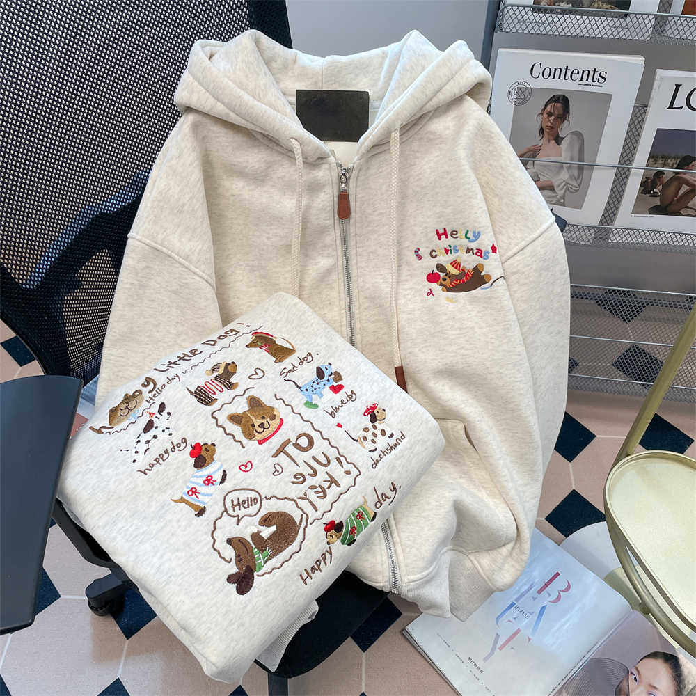 加厚刺绣小狗开衫外套洋气情侣连帽卫衣潮102B-W2759P55加绒65,女装短外套,星座102B