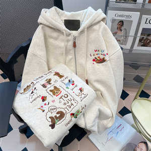 加厚刺绣小狗开衫外套洋气情侣连帽卫衣潮102B-W2759P55加绒65图片