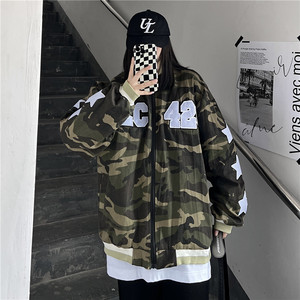 美式高街字母刺绣迷彩棒球服外套复古立领夹克男女102B-JK1217P75图片