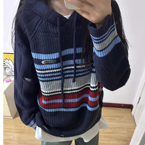 春破洞毛衣慵懒风宽松连帽条纹男女套头针织衫上衣102B-MY210P58图片