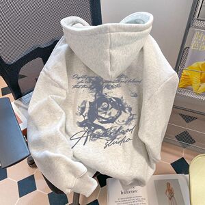 秋2025双帽银狐绒潮流玫瑰字母连帽卫衣男女102B-W8641P48加绒58,女士英伦黑色皮鞋搭配图片