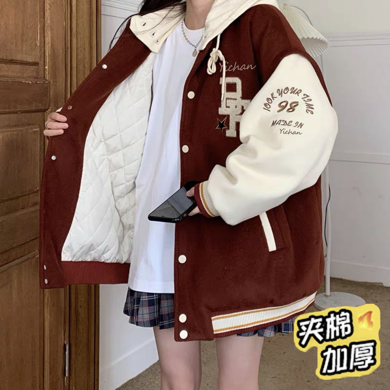 棒球服宽松字母刺绣连帽外套休闲夹克男女潮102B-JK7803P75加厚85,男装夹克,星座102B