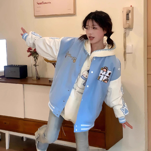 秋男女2025学院风猫爪刺绣棒球服外套撞色夹克上衣102B-JK817P78图片
