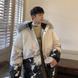 加厚潮水墨雪山印花连帽情侣中长款宽松羽绒服男女102B-Y2281P160，男装羽绒服，星座102B