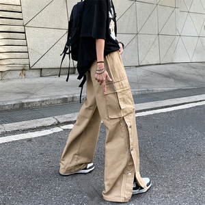 水洗棉贴袋工装休闲排扣裤宽松直筒机能纽扣长裤男女102B-K165P58图片