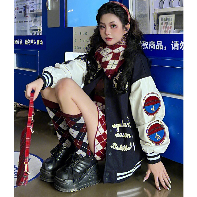 春藏蓝色vintage棒球服外套男女美式高街情侣款夹克102B-W9913P75图片