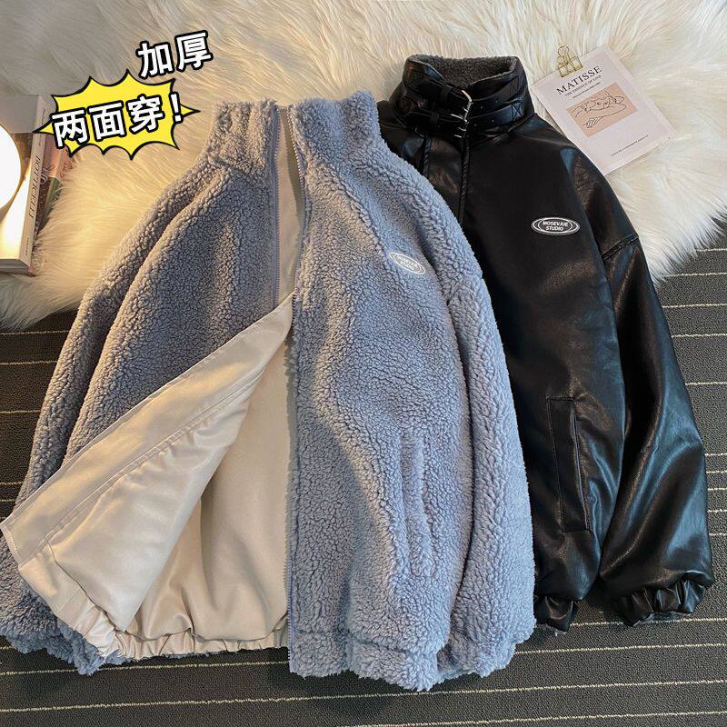 秋冬季加绒羊羔绒外套男宽松两面穿棉服情侣皮棉衣102B-M3192P105,男装棉衣,星座102B