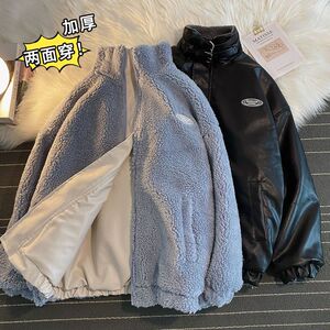 秋冬季加绒羊羔绒外套男宽松两面穿棉服情侣皮棉衣102B-M3192P105图片