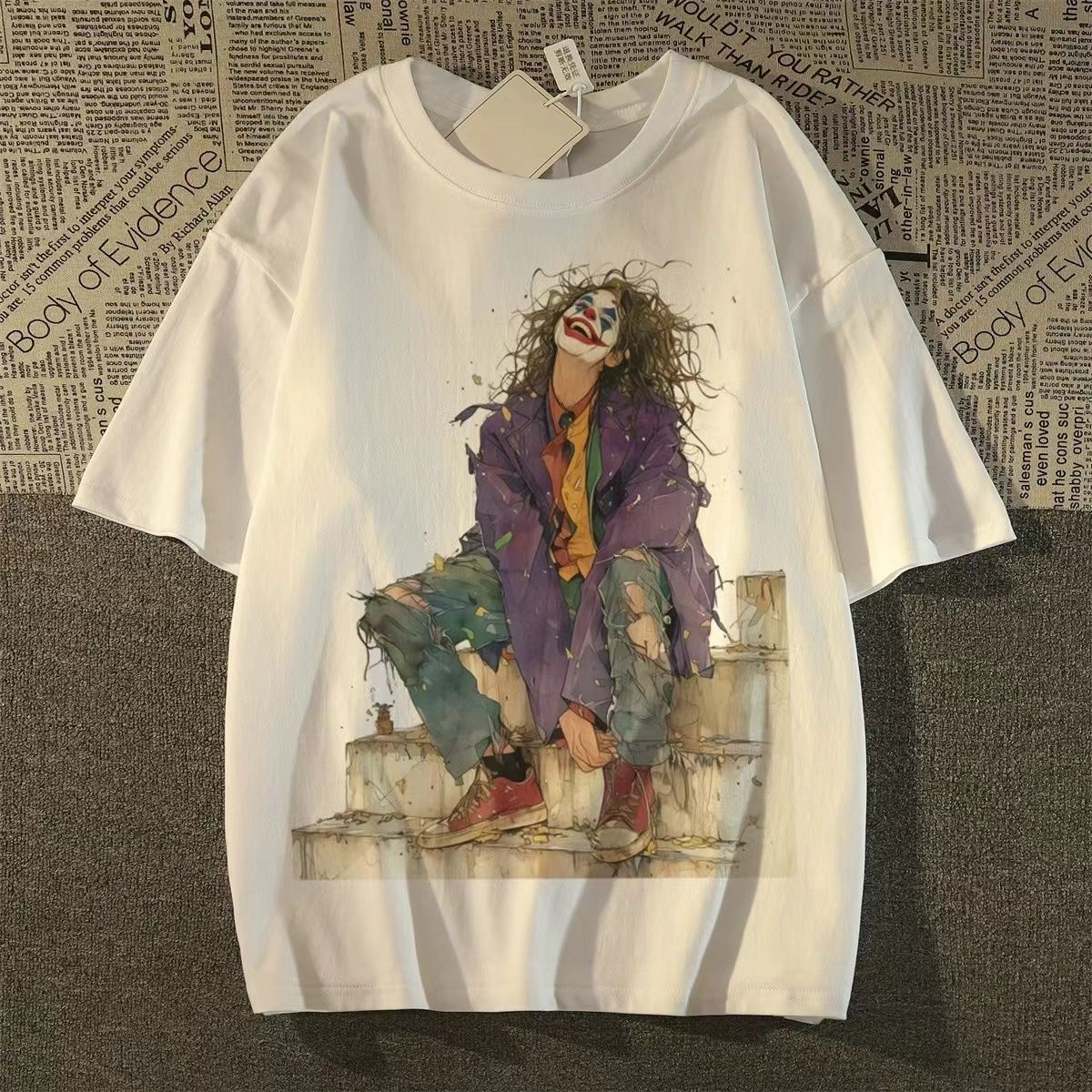 纯棉精梳淘抖质量美式复古小丑印花短袖t恤男女102B-T1657P30,男装T恤,星座102B