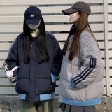 学院风潮牌三条杠拼接棉服宽松保暖韩版情侣冬棉衣102B-M6005P98，男装棉衣，星座102B