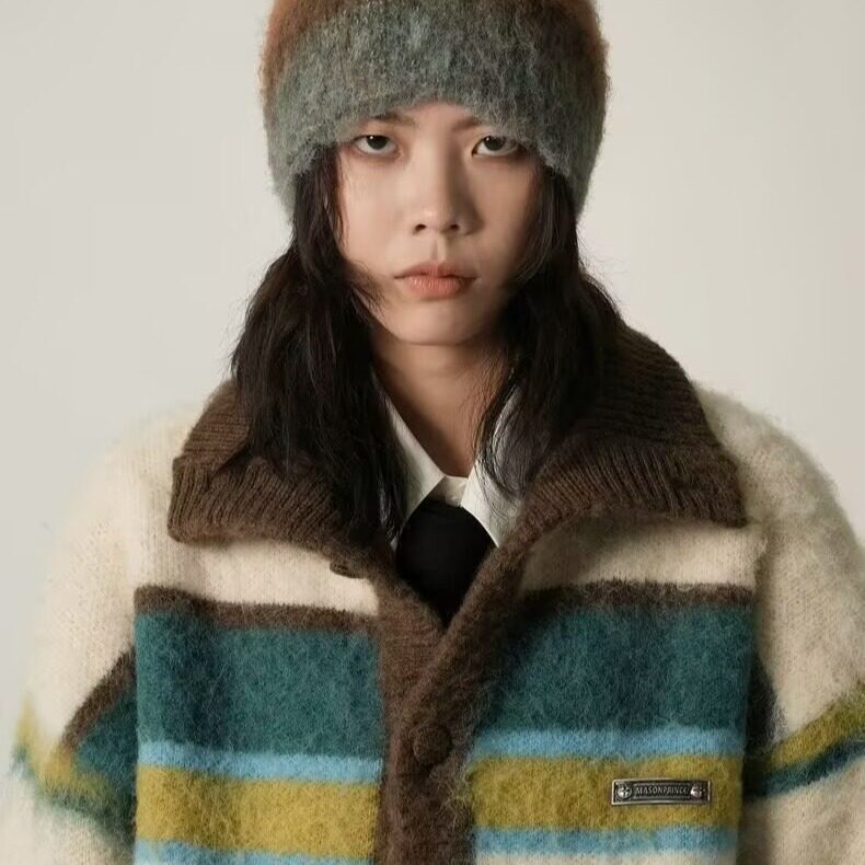 秋冬25北极绒高质量开衫毛衣复古条纹针织外套男女102B-M5509P85,男装针织衫/毛衣,星座102B