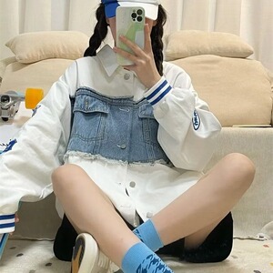 牛仔刺绣拼接工装夹克男女日系情侣装潮牌宽松外套102B-JK333P78图片
