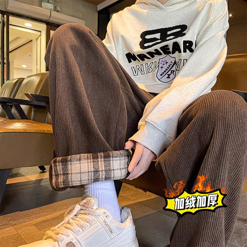 灯芯绒格子翻边阔腿裤男女学生韩版宽松直筒裤102B-K053P48加绒55,男装卫衣,星座102B