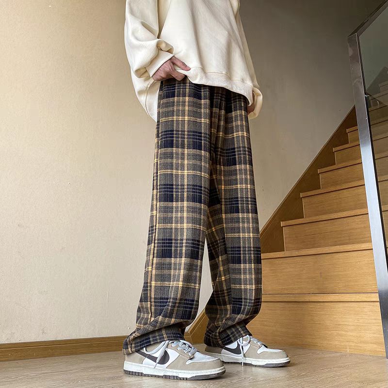 加绒复古格子阔腿裤秋冬韩版宽松直筒休闲裤102B-K813P45加绒55,男装卫衣,星座102B