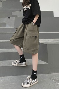 水洗棉夏季复古多口袋工装短裤男女款宽松五分裤中裤102B-K079P48