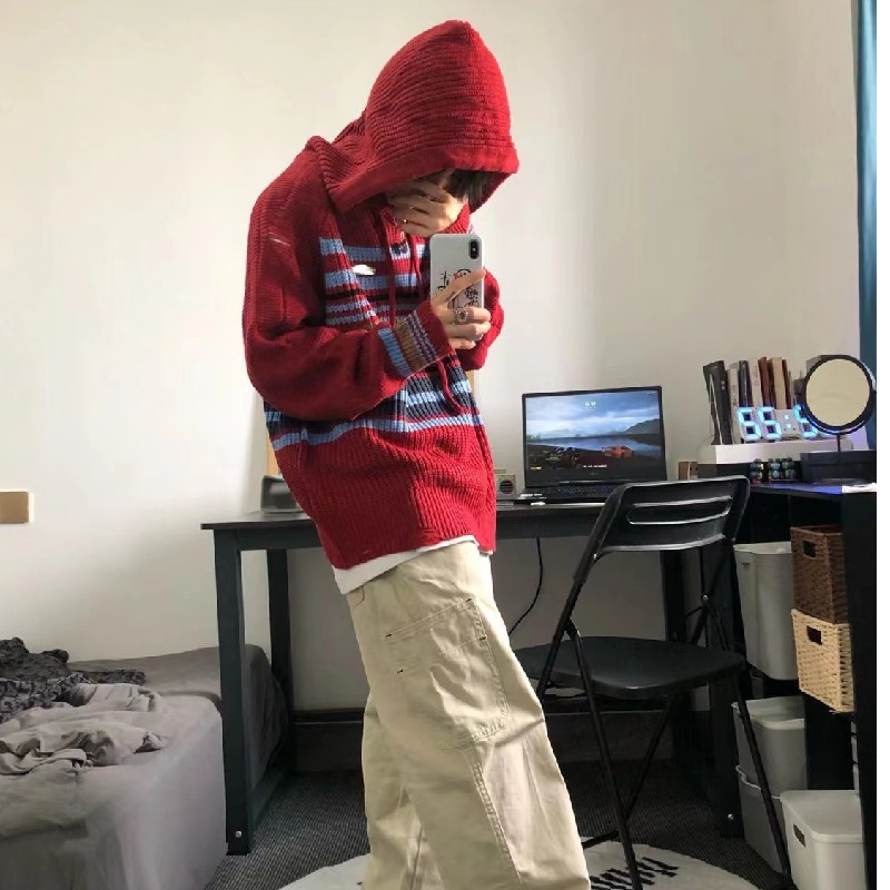破洞毛衣慵懒风宽松连帽条纹男女套头针织衫上衣102B-MY210P58,男装针织衫/毛衣,星座102B