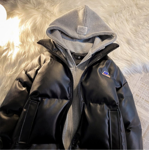秋冬假两件棉服男宽松时尚连帽棉袄PU皮潮牌棉衣外套102B-M838P95图片