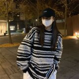 圆领青少年潮长袖慵懒风条纹套头毛衣秋冬上衣男女102B-M7032P58，男装针织衫/毛衣，星座102B