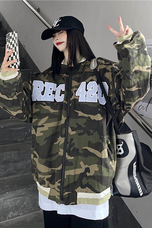 美式高街字母刺绣迷彩棒球服外套复古立领夹克男女102B-JK1217P75,男装夹克,星座102B