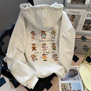 加绒美式慵懒小熊刺绣连帽卫衣拉链外套上衣102B-W2803P58加绒68图片