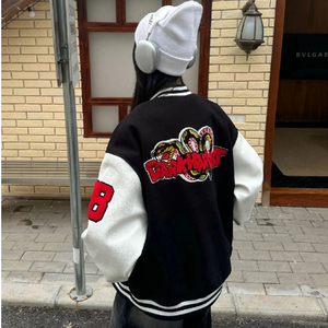 美式复古蛇印花棒球服夹克宽松拼接皮袖外套ins潮102B-JK5215P68