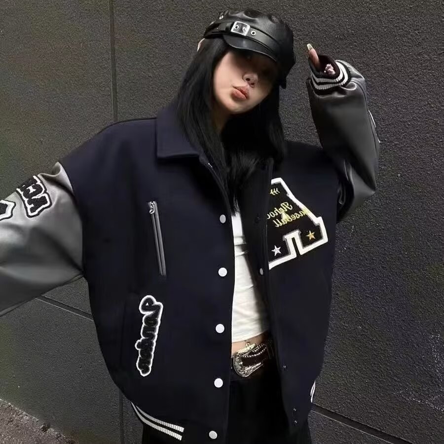 秋2025重工刺绣拼皮潮牌棒球服外套长袖翻领夹克102B-JK307P78,男装夹克,星座102B