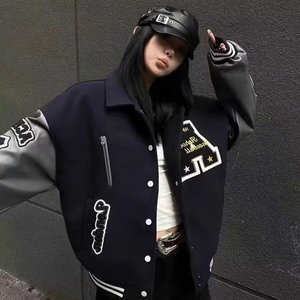 秋2025重工刺绣拼皮潮牌棒球服外套长袖翻领夹克102B-JK307P78图片