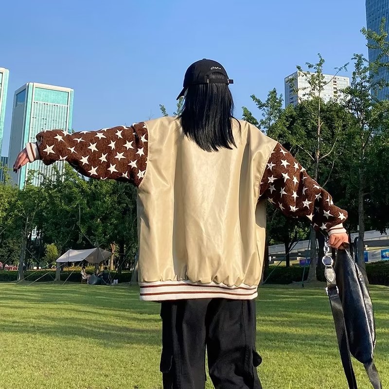针织拼接PU港风刺绣棒球服外套设计感高街夹克男女102B-JK3117P85,男装夹克,星座102B