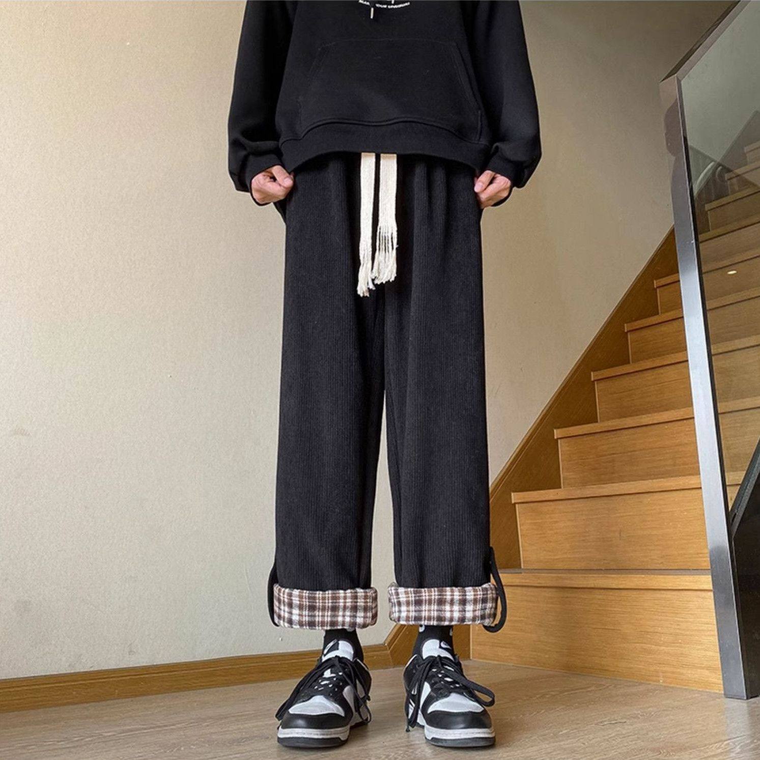 加绒灯芯绒格子翻边阔腿裤韩版宽松直筒休闲裤102B-K053P48加绒55,男装卫衣,星座102B