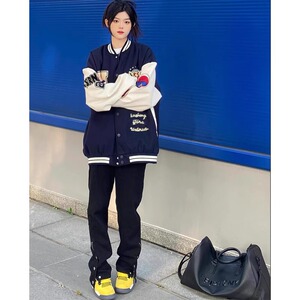 棒球服外套美式藏青色撞色拼接潮牌情侣飞行员夹克102B-JK5056P75图片
