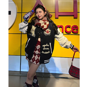 春藏蓝色vintage棒球服外套男女美式高街情侣款夹克102B-W9913P75图片
