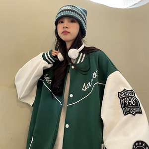 复古绿色棒球服设计感oversize潮高街美式外套女102B-W8001P75图片