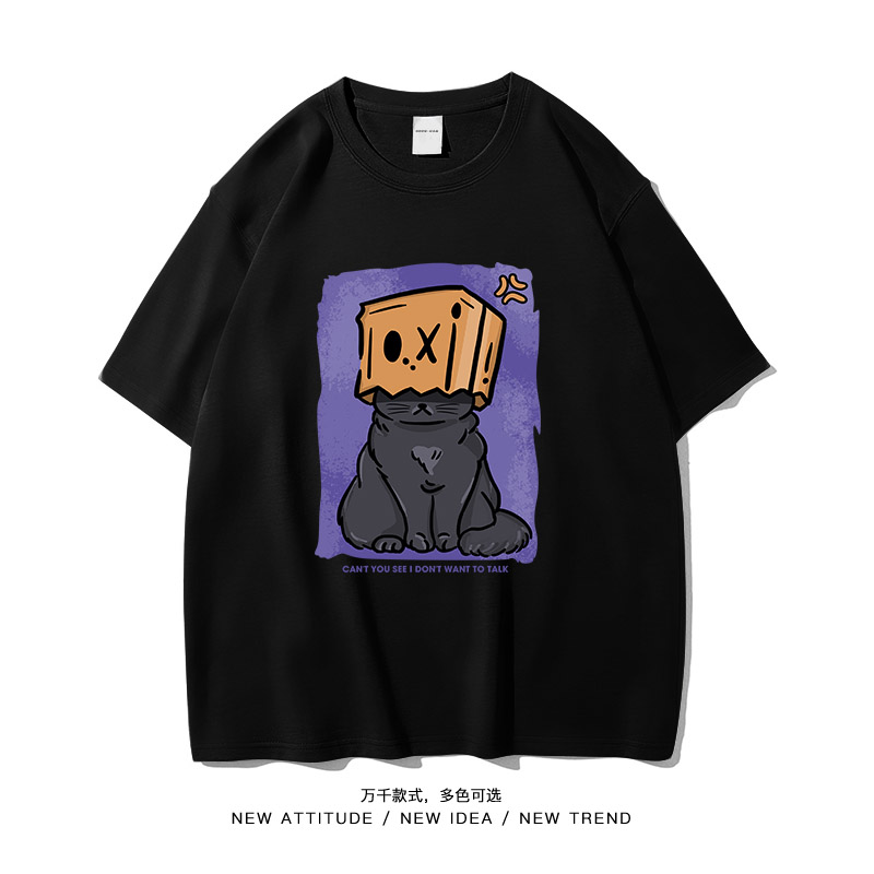 纯棉蓝猫躲盒emo夏季中性宽松休闲印花短袖上衣T恤102B-T0343P30,男装T恤,星座102B