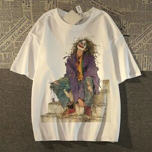 纯棉美式复古小丑印花短袖t恤男女潮牌2024新款T恤102B-T1657P30图片