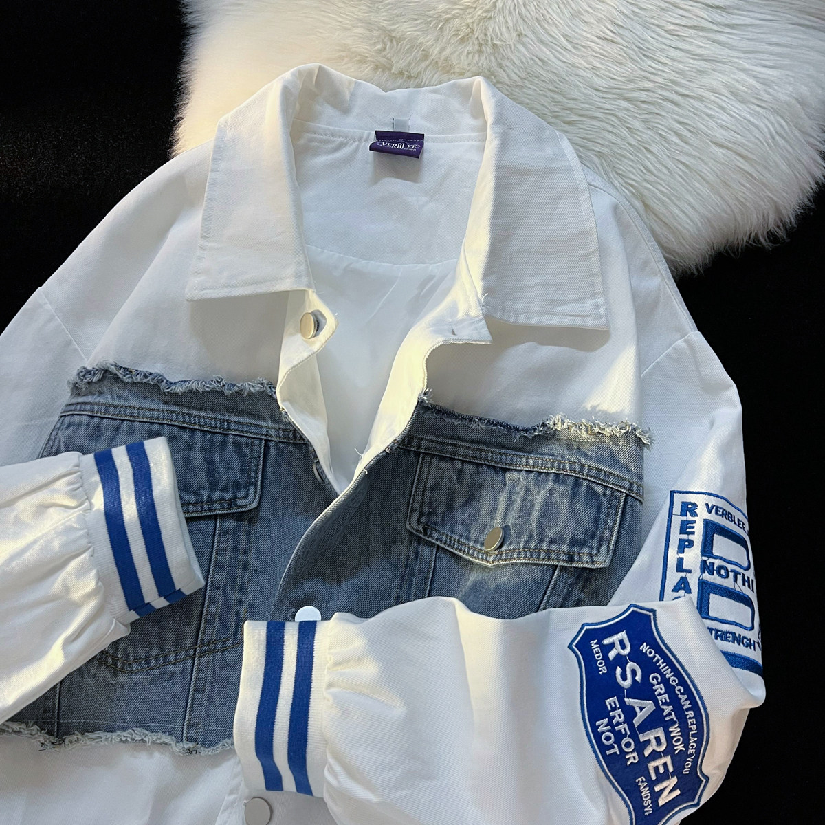 原版抖音质量加内里棒球服夹克牛仔拼接外套男女102B-J8158P98,男装夹克,星座102B