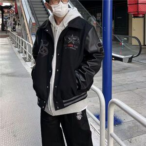 原版秋2025棒球服皮袖外套潮牌高街hiphop嘻哈夹克102B-JK605P75图片