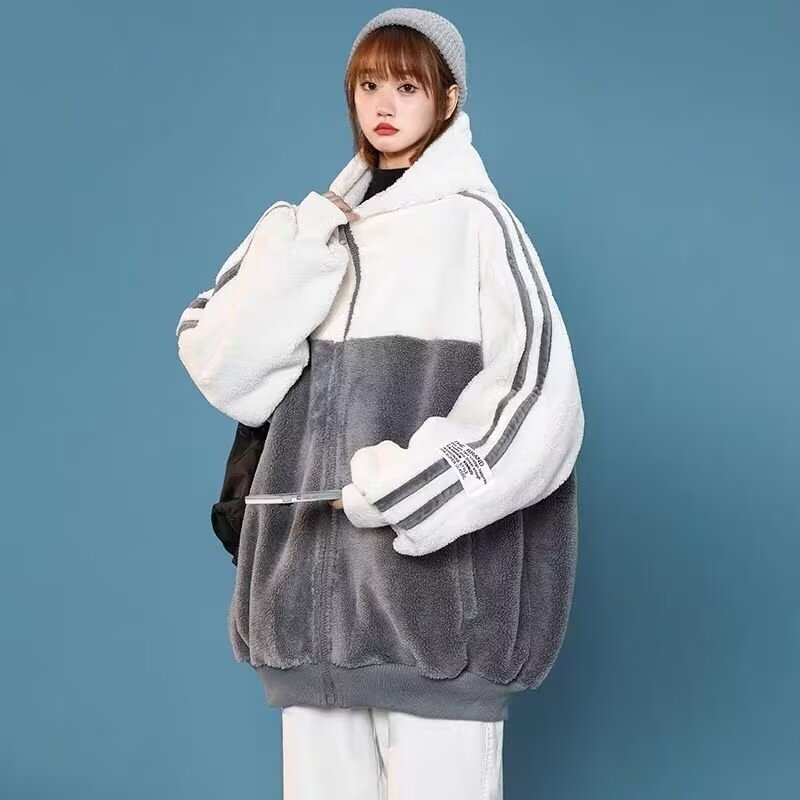 秋25羊羔绒街头潮流条纹拼接撞色连帽男女卫衣外套102B-W8136P65,女装短外套,星座102B