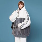 秋25羊羔绒街头潮流条纹拼接撞色连帽男女卫衣外套102B-W8136P65，女装短外套，星座102B