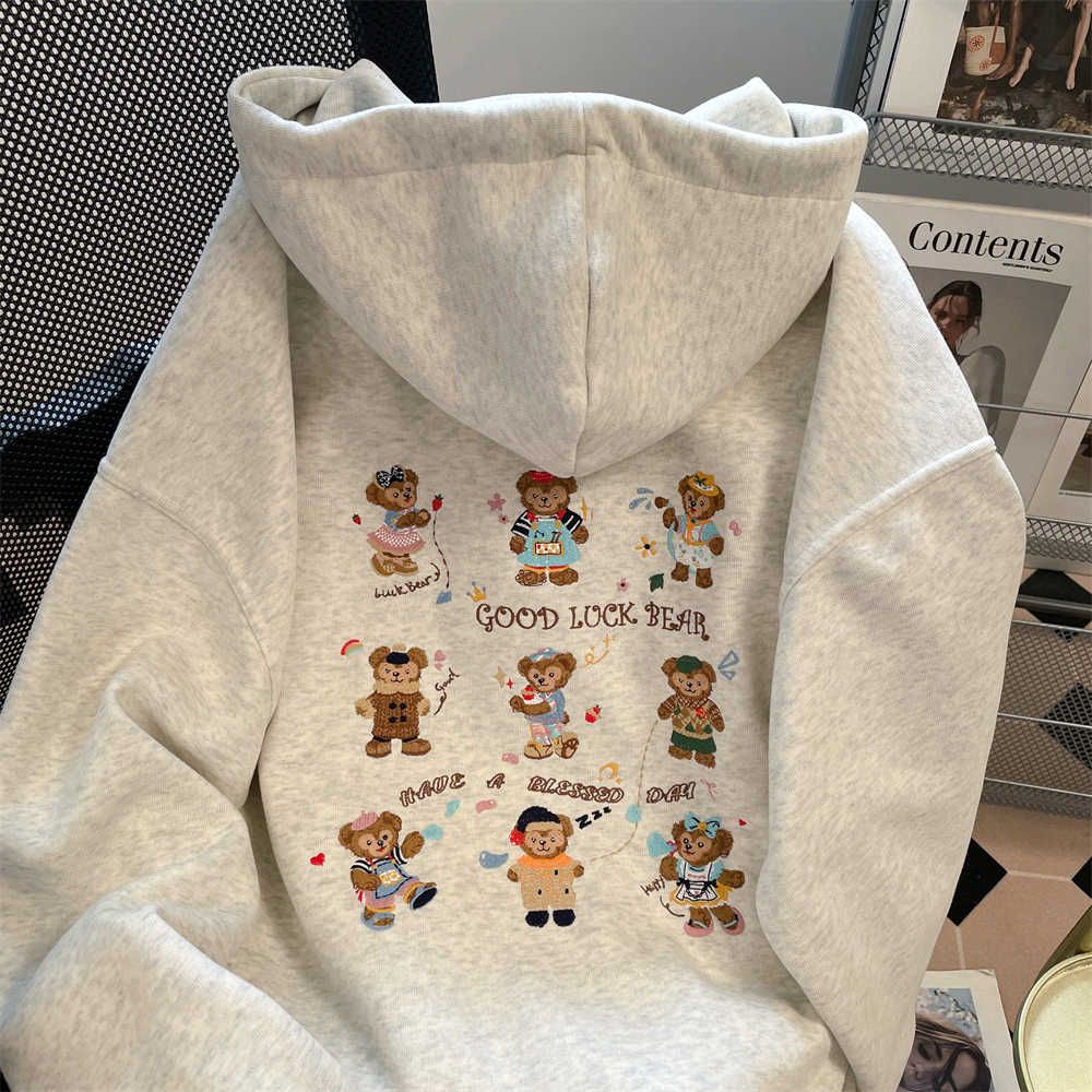 加绒美式慵懒小熊刺绣连帽卫衣拉链外套上衣102B-W2803P58加绒68,女装短外套,星座102B