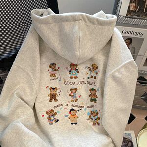 加绒美式慵懒小熊刺绣连帽卫衣拉链外套上衣102B-W2803P58加绒68图片