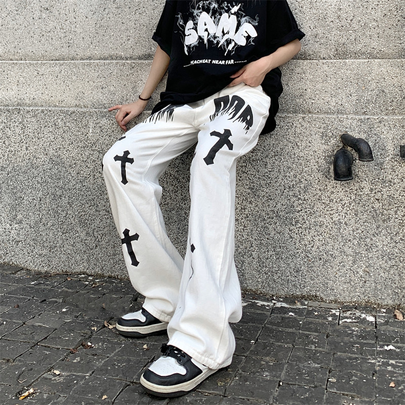 白裤男女高街印花直筒牛仔裤长裤宽松高腰显瘦阔腿裤102B-K116P58,男装牛仔裤,星座102B