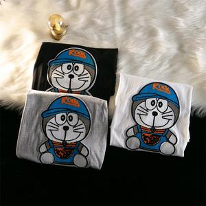 纯棉重工卡通机器猫刺绣T恤男女夏学生韩版短袖上衣102B-T404P30图片